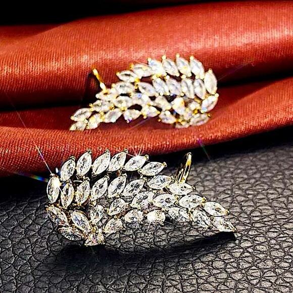 Gold Cubic Zircon Leaf Angel Wing Cuff Earrings - Picture 6 of 7